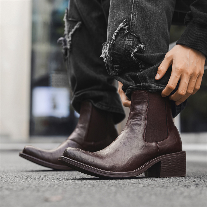 Men'S Fashion News - รองเท้าบูทเชลซีทรงสูงสไตล์พังก์ร็อกสำหรับผู้ชายไซส์ใหญ่ สีดำ สีน้ำตาล แบบสวม ไม่มีเชือก หนังแท้