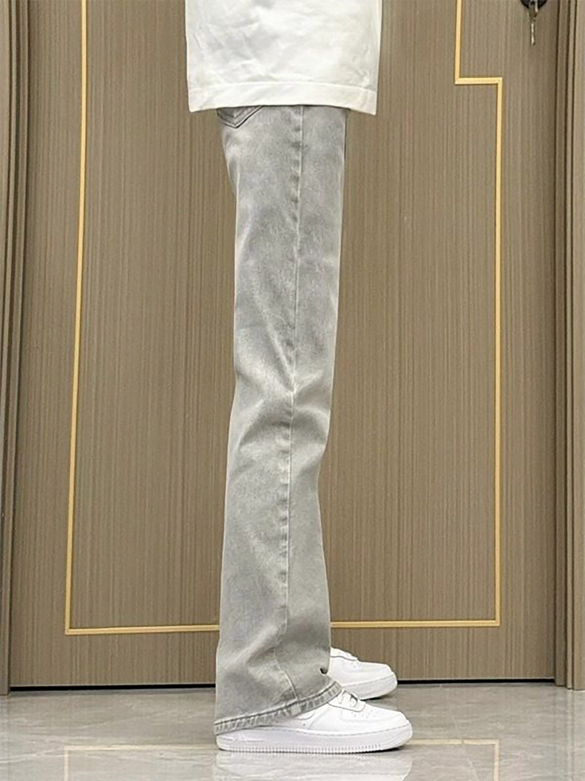 Men'S Fashion Grey Jeans - กางเกงยีนส์ทรงขากระบอกตรง สีเทาควันบุหรี่ สำหรับผู้ชาย สไตล์อเมริกันวินเทจ ฟอกสี แฟชั่นฤดูใบไม้ผลิ