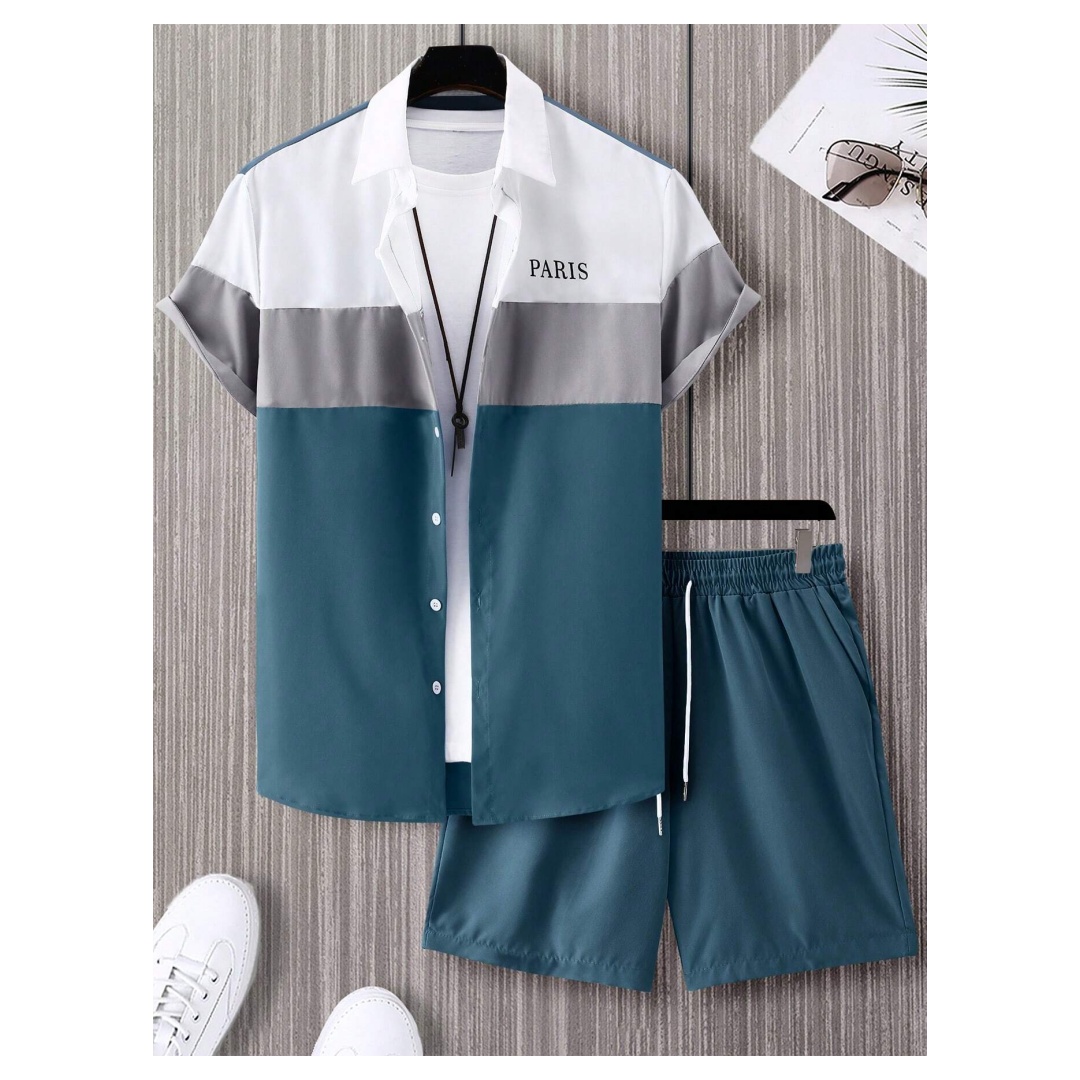 Mens Fashion Clothes - ชุดแฟชั่นผู้ชาย สีน้ำเงินและขาว ลายปะติดปะต่อ เสื้อเชิ้ตแขนสั้นปกปกติ กระดุมแถวเดียว และกางเกงขาสั้น